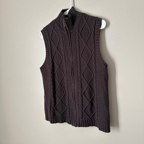 Chicos Cable Knit Sweater Vest SMALL Zip Front Preppy Career Academia Brown - Picture 2 of 11